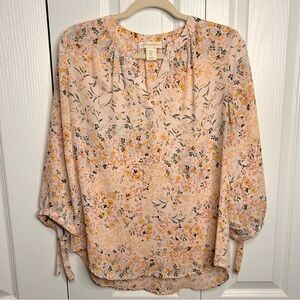 Cynthia Rowley Medium Pink Floral V-Neck Tie‎ Sleeve Lightweight Blouse Spring